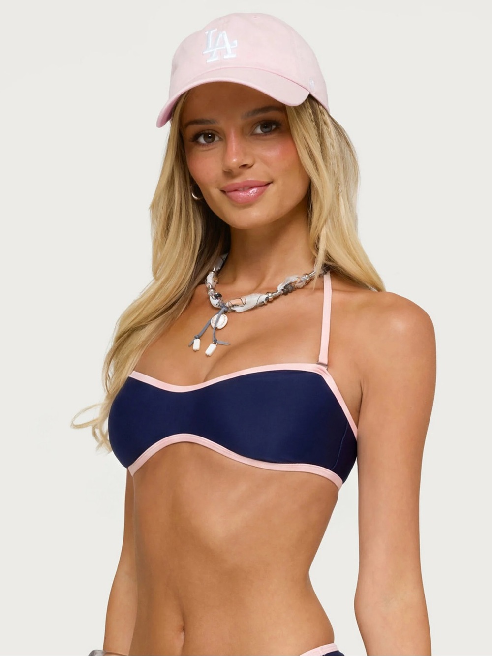 EDIKTED Brand Navy and Pink Bandeau Bikini Top